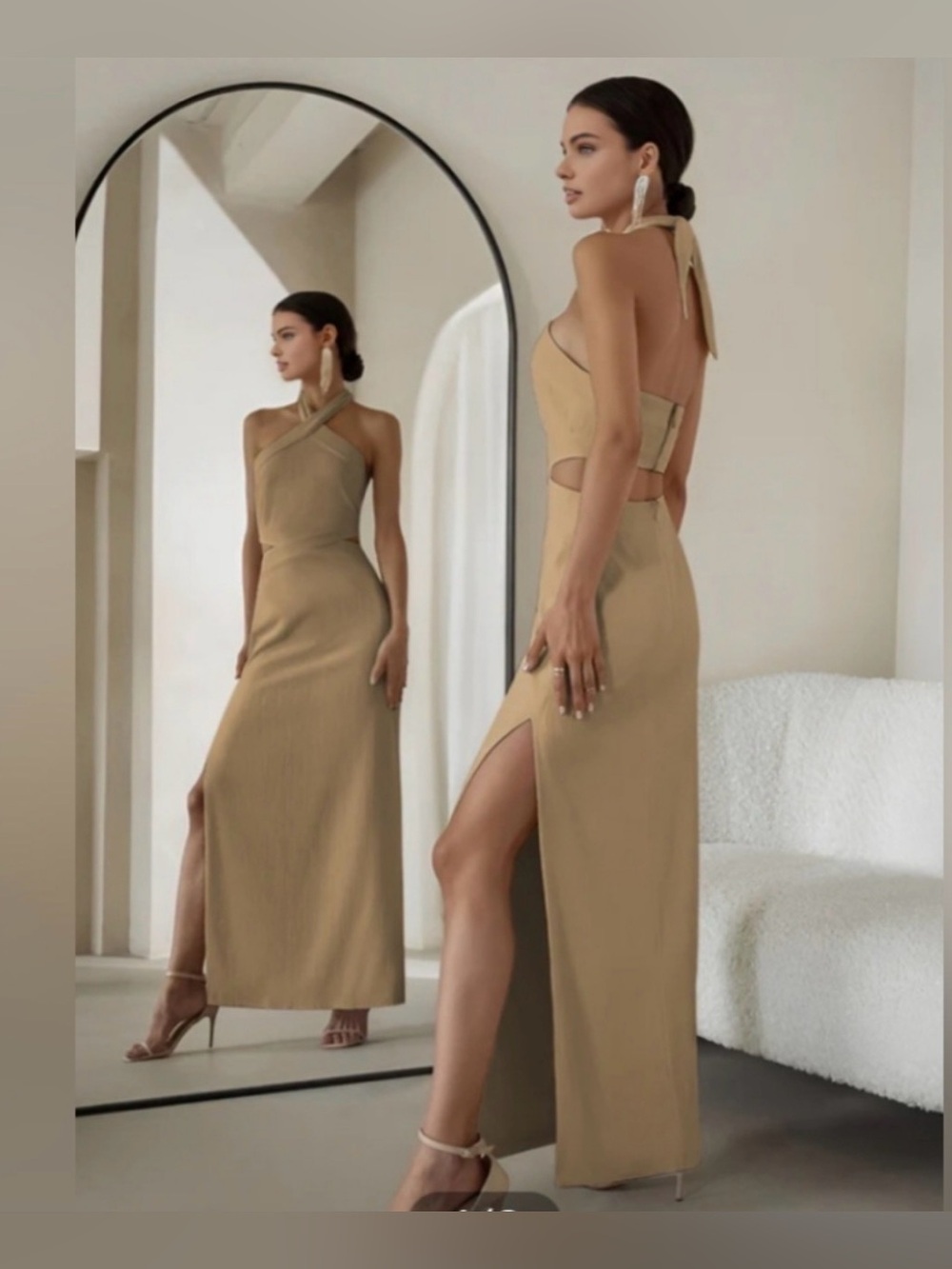 Commense Beige Halter Cutout Maxi Dress